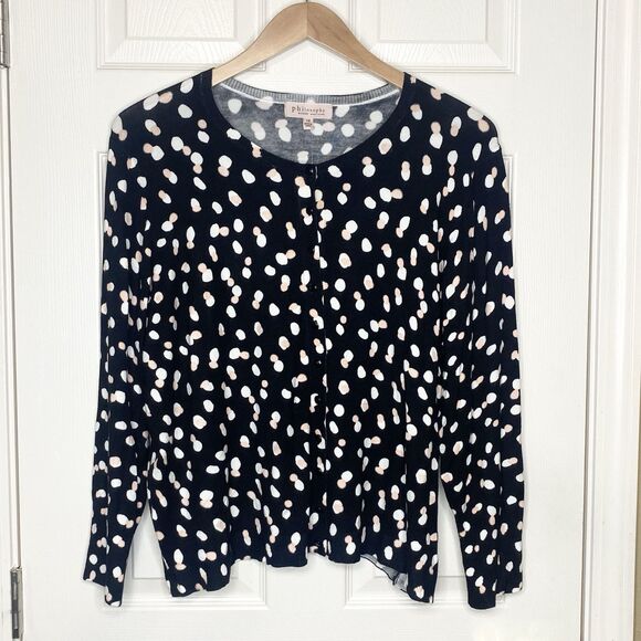 Philosophy Womens Cardigan Sweater Button Up Size 1X Polka Dot Black Cream White - Picture 1 of 9